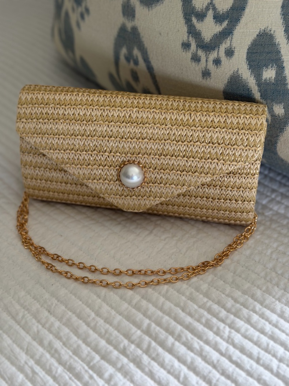 Amazon Gold Straw Crossbody Bag with Pearl Button